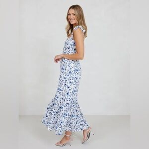 Park & Fifth Adelaide Blue Floral Midi Dress Smocked Tie Strap Cottagecore S